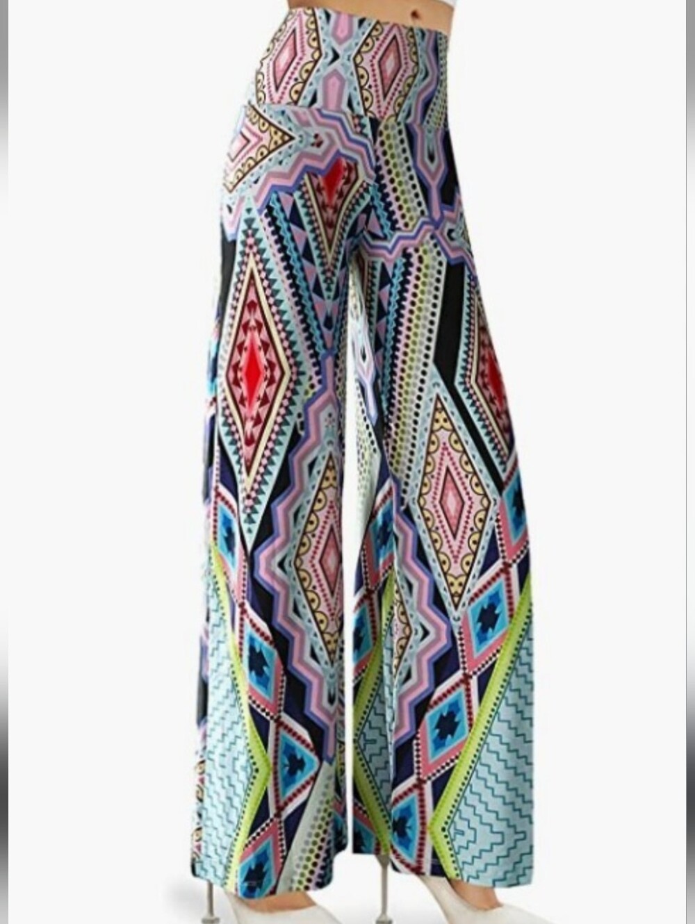 Boho Tribal Hippie High-Waist Wide-Leg Printed Palazzo Pull On Pants L